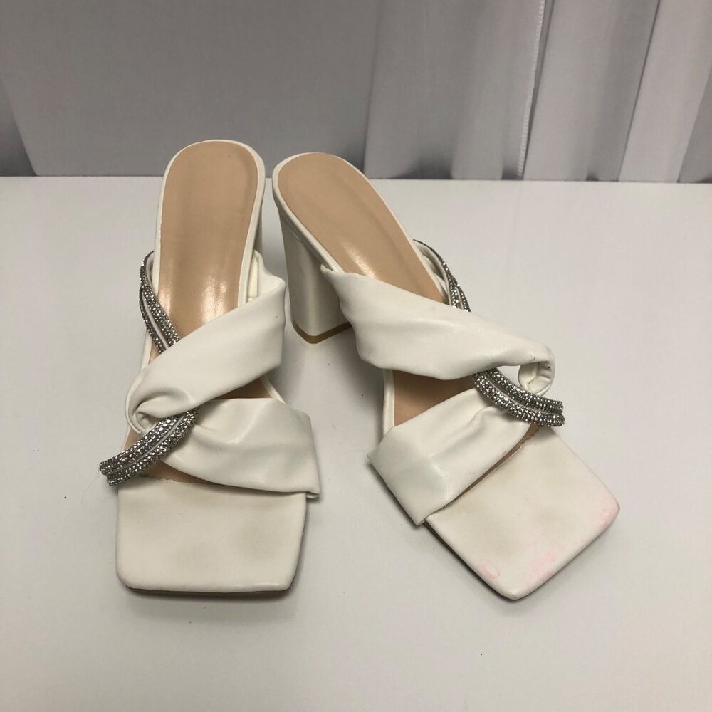 White Rhinestone Embellished Square Toe Heeled Sandals Womens Sz 8 Elegant Shoes